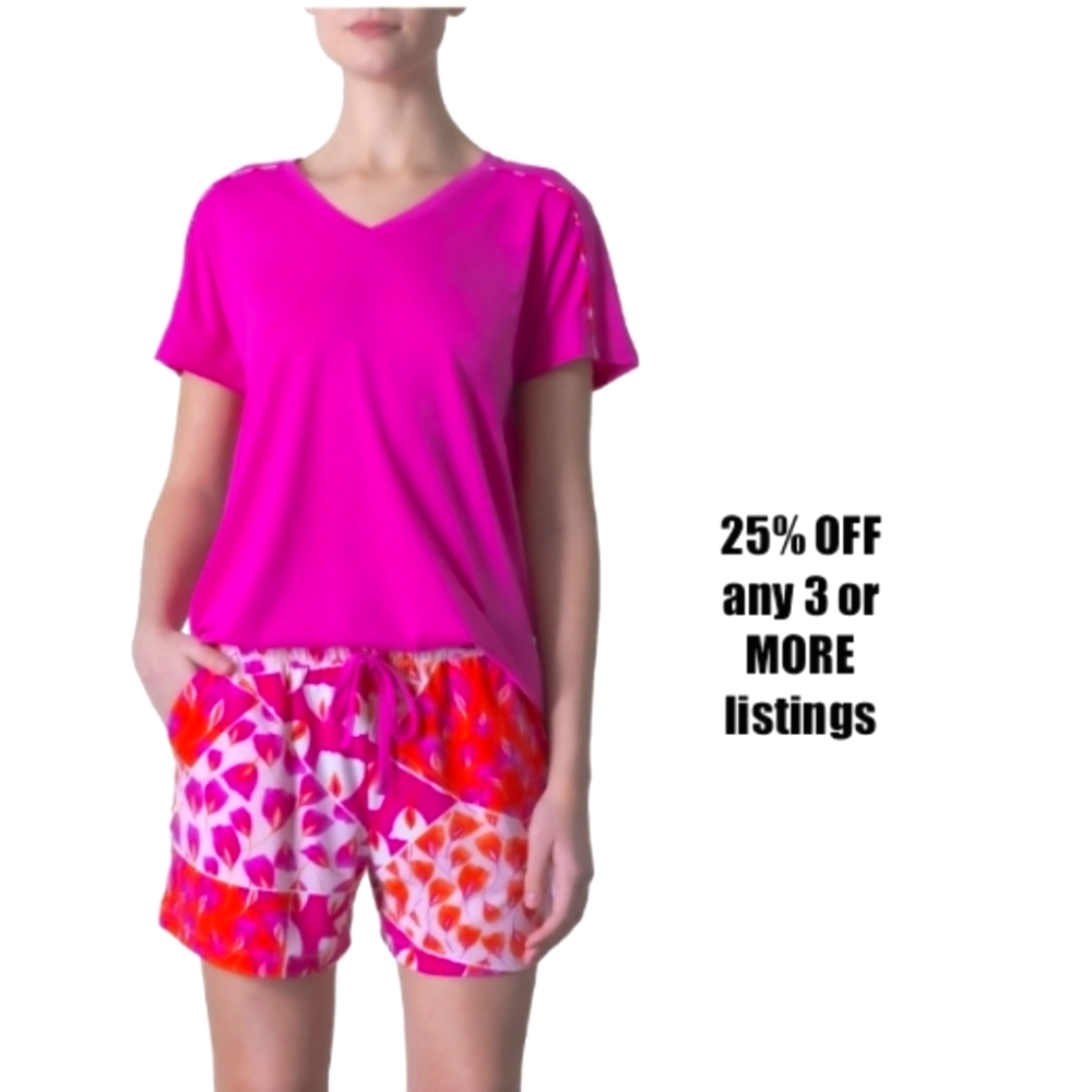 Pajama Set Size Large 2 Piece Short Sleeve Crewneck T-shirt Floral Loungewear
